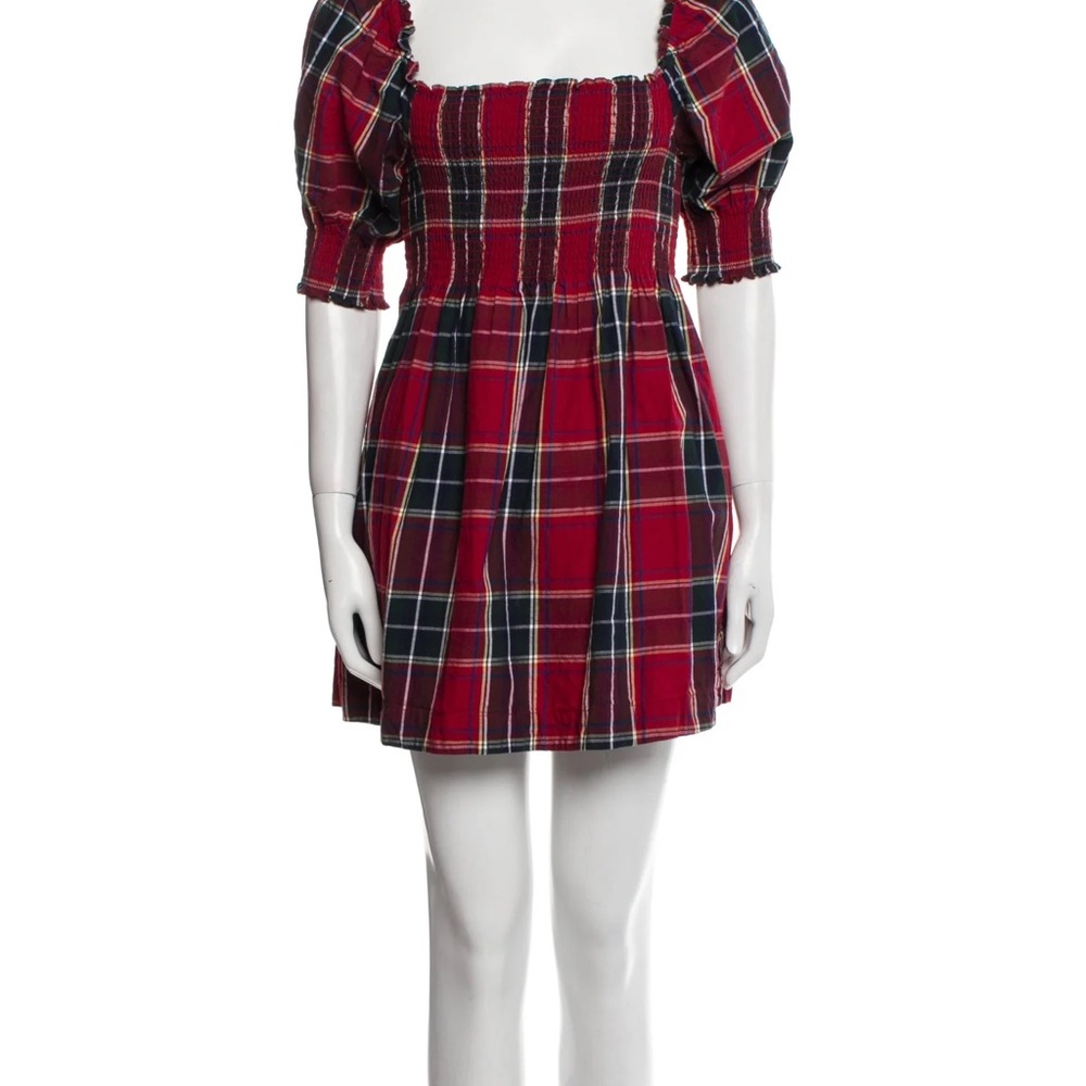Hill House Athena Nap Cotton Smocked Puff Sleeve Mini Dress Red Tartan Plaid - Picture 5 of 5